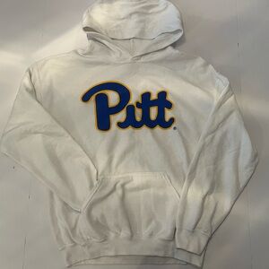 University of Pittsburgh Sweatshirt, White Blue Yellow, Gildan, Sized Medium